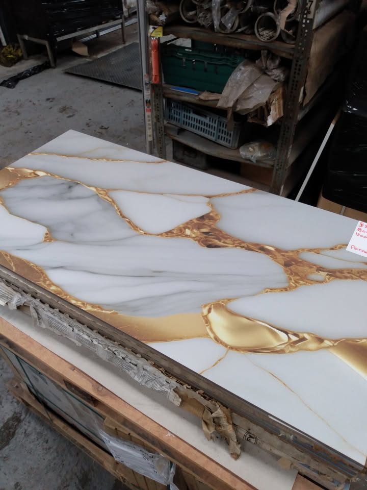 Gold Marble Effect Floor + Wall Tile - Gloss White 1200x600mm Porcelain